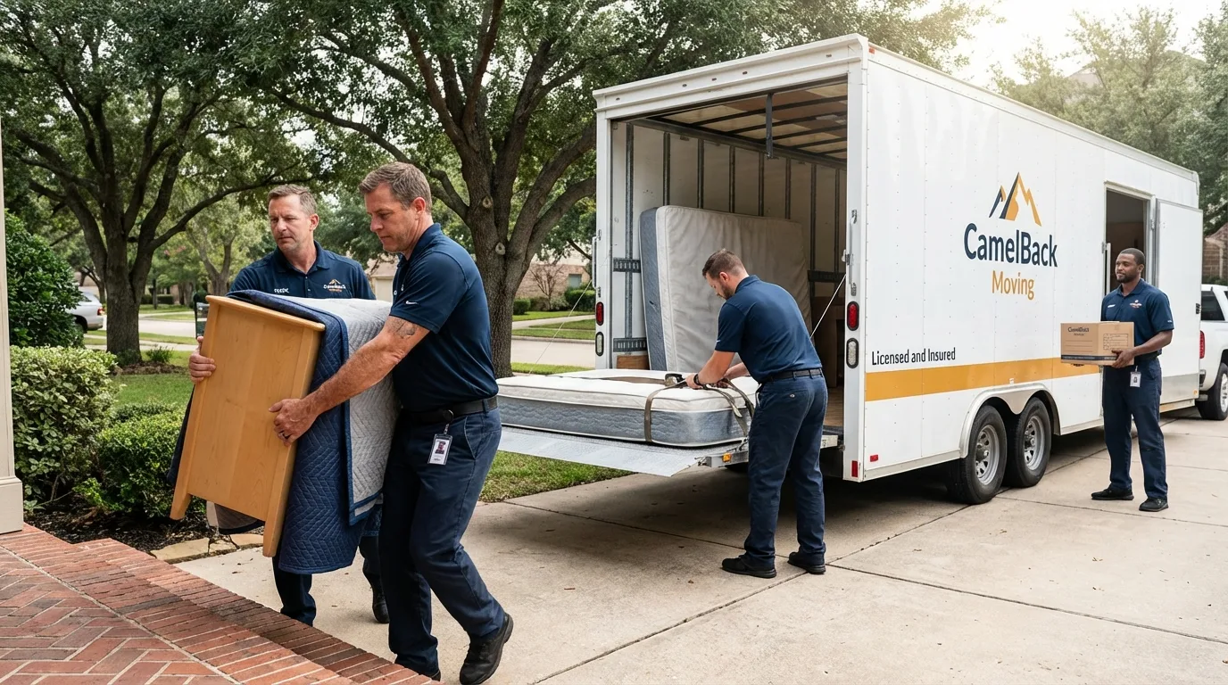 Crew loading residential truck for cross-state move from Benavides, TX