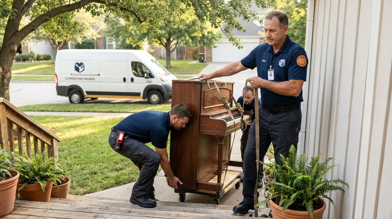 Licensed piano movers securing grand piano in Benavides, TX
