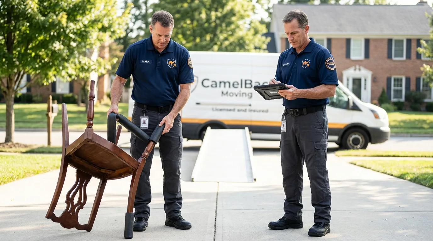 Movers inspecting furniture for damage prevention before loading in Benavides, TX